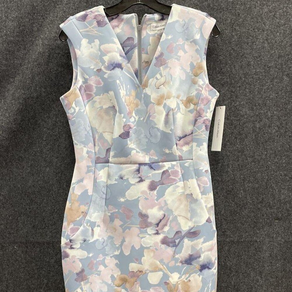 Calvin Klein Pastel Floral Midi Dress in Light Blue, Lavender, Cream